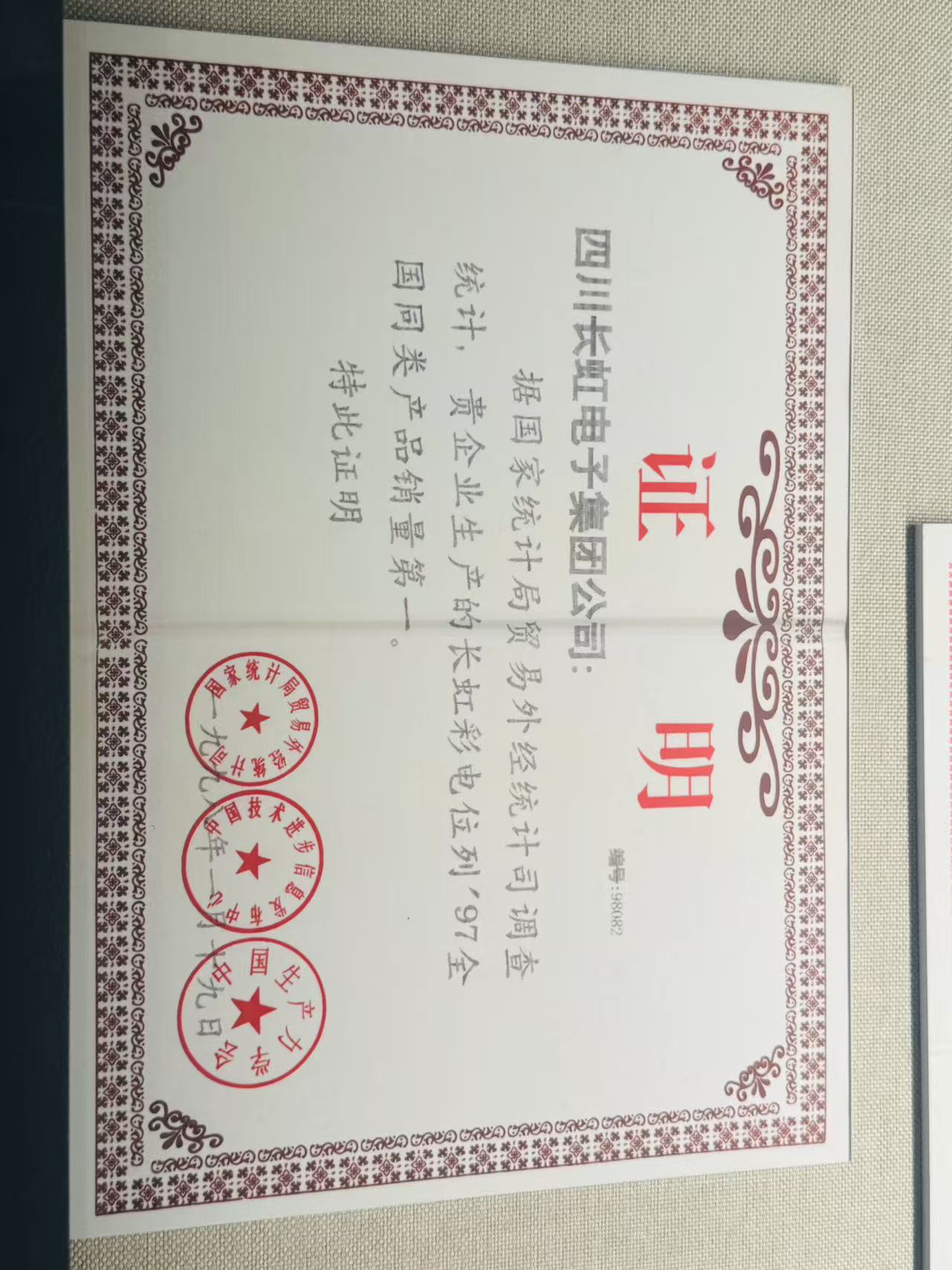 四川长虹电器股份有限公司荣誉证书