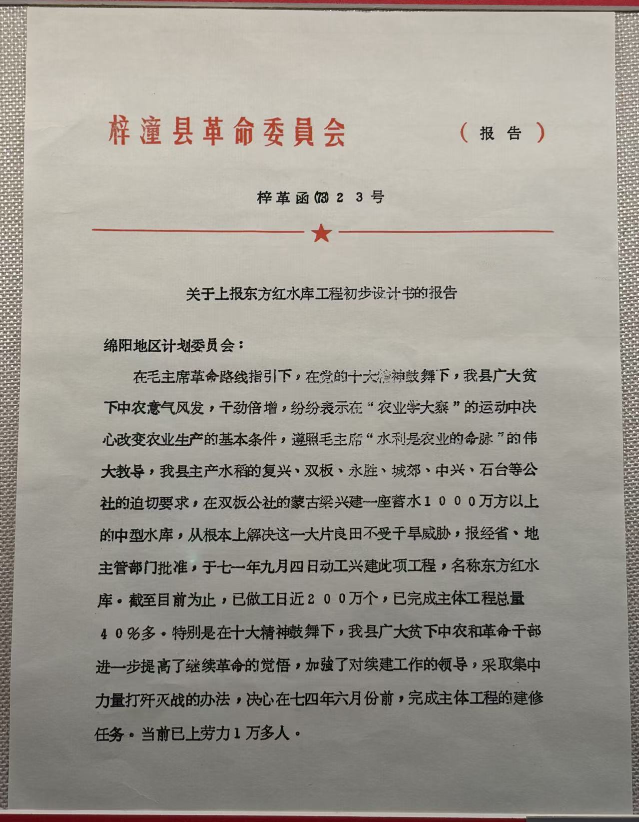 关于上报东方红水库工程初步设计书的报告