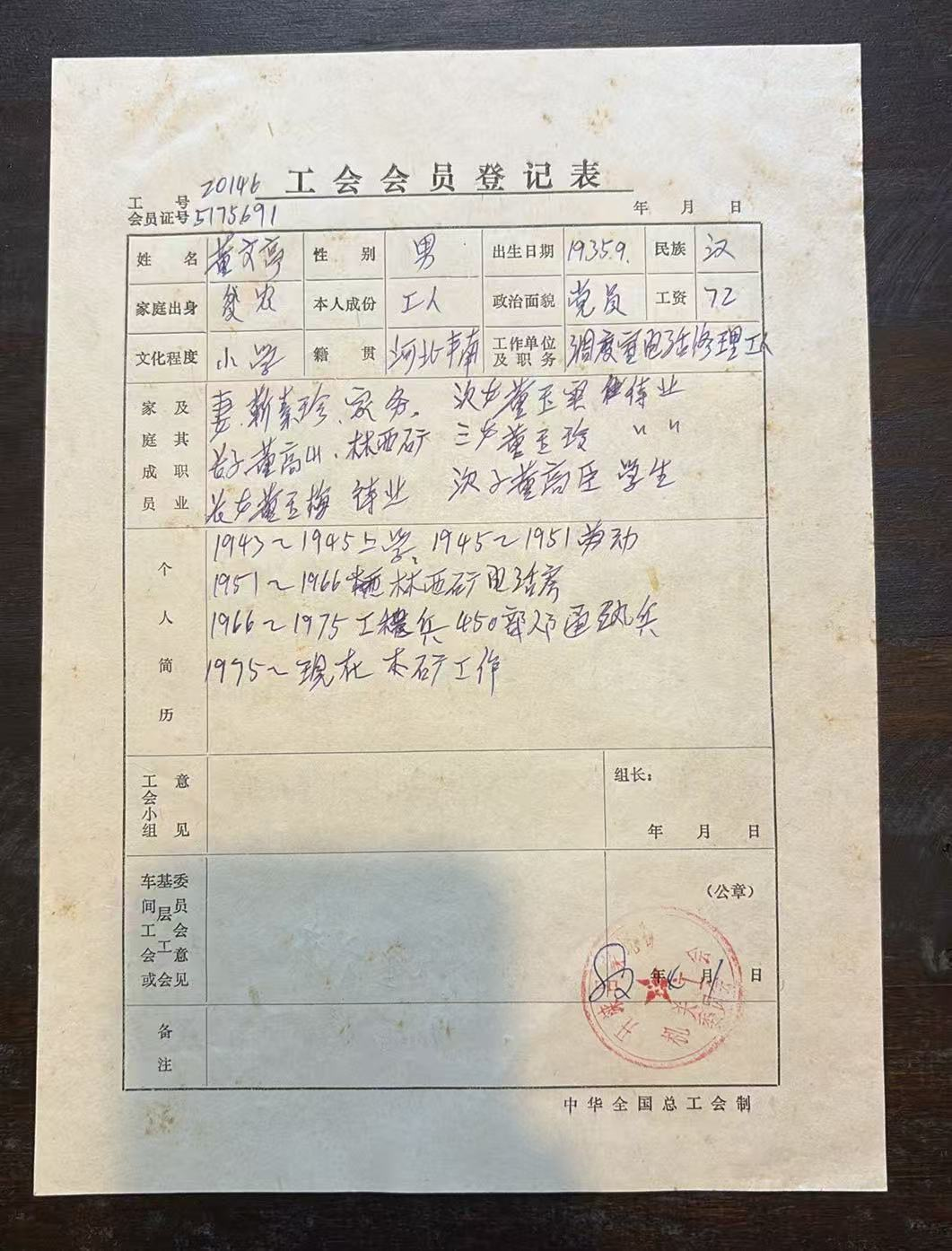 工会会员登记表