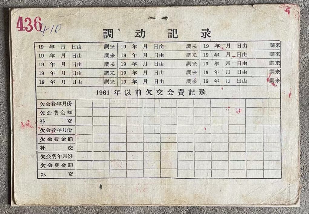 中国煤矿工会开滦矿区委员会会费登记卡片