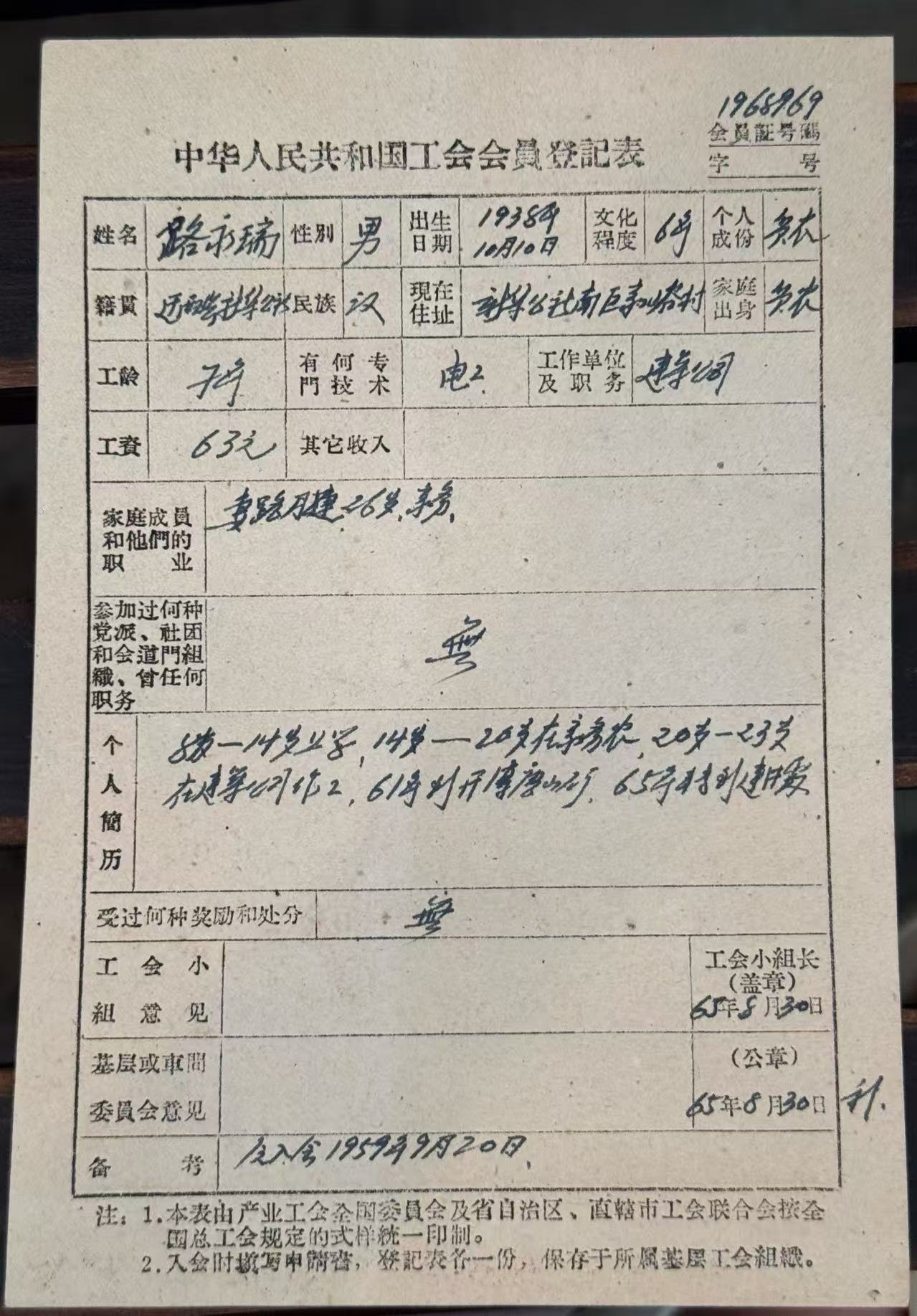 中国人民共和国工会会员登记表