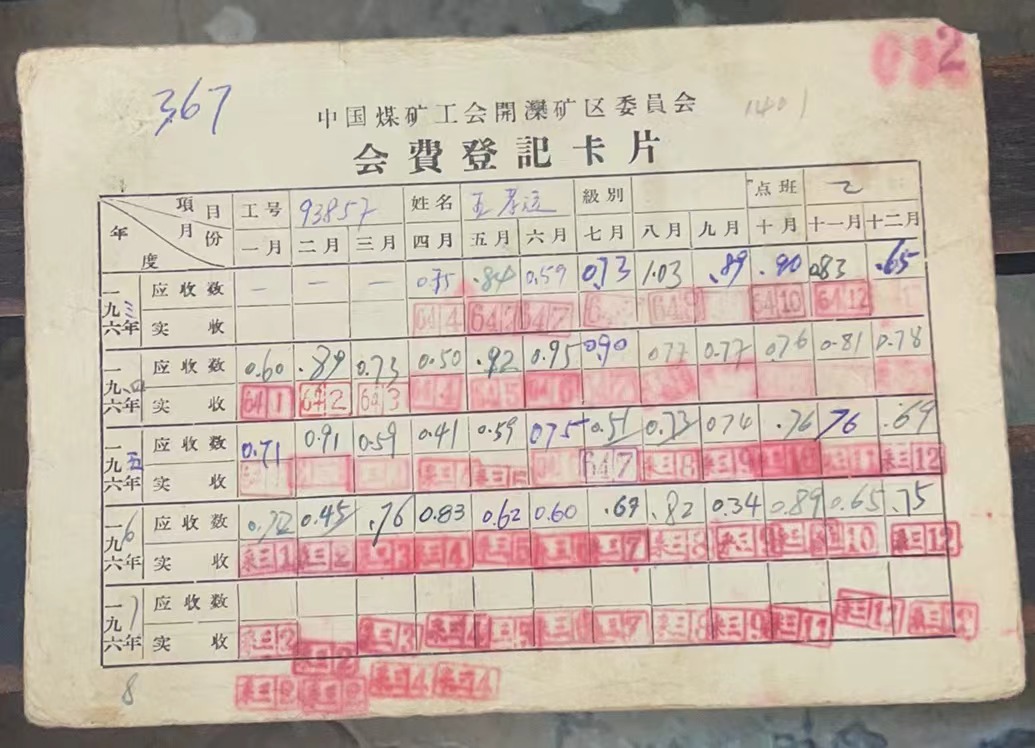 中国煤矿工会开滦矿区委员会会费登记卡片