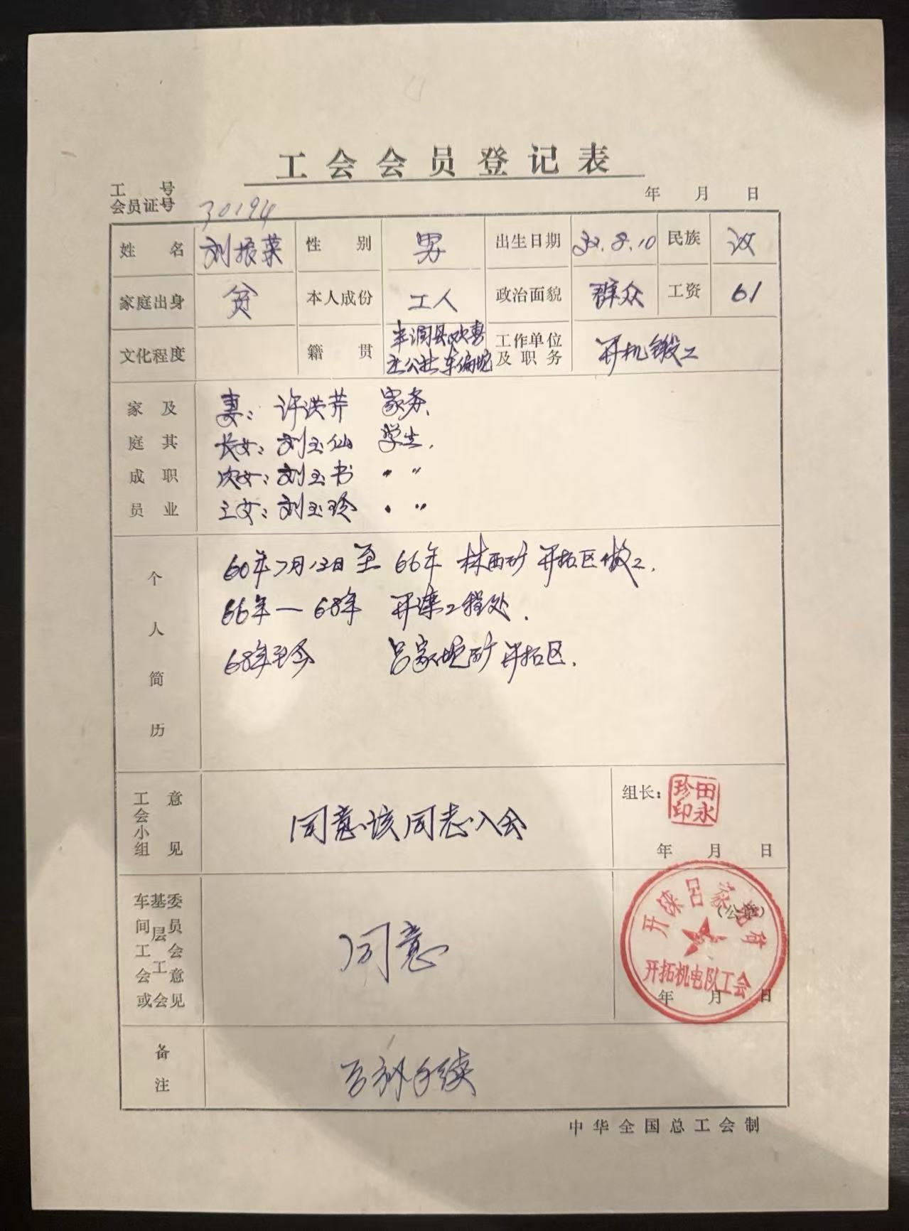 工会会员登记表