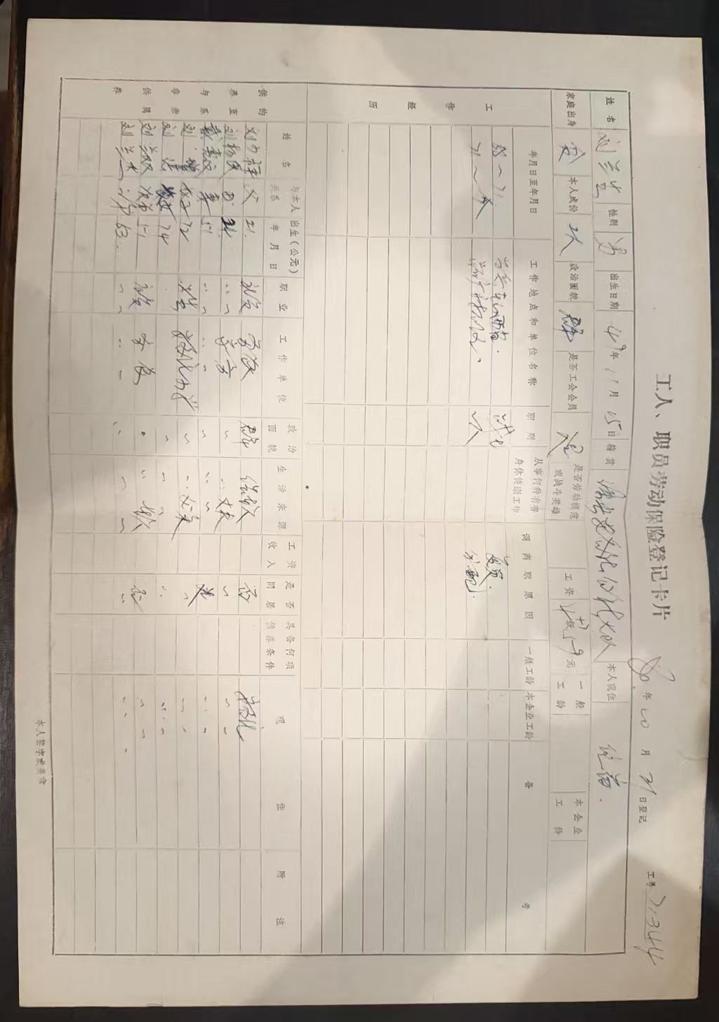 工人、职员劳动保险登记卡片
