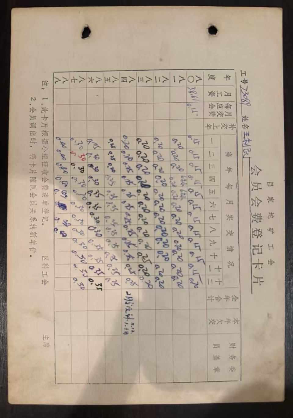 会员会费登记卡片