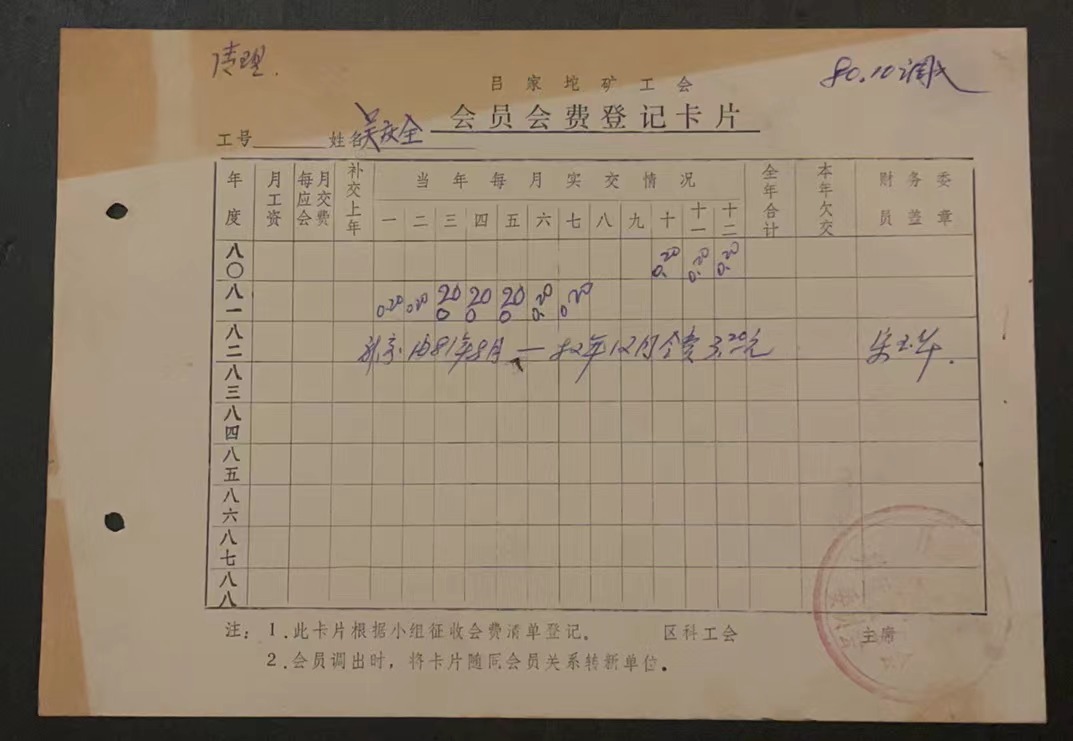 吕家坨矿工会会员会费登记卡片