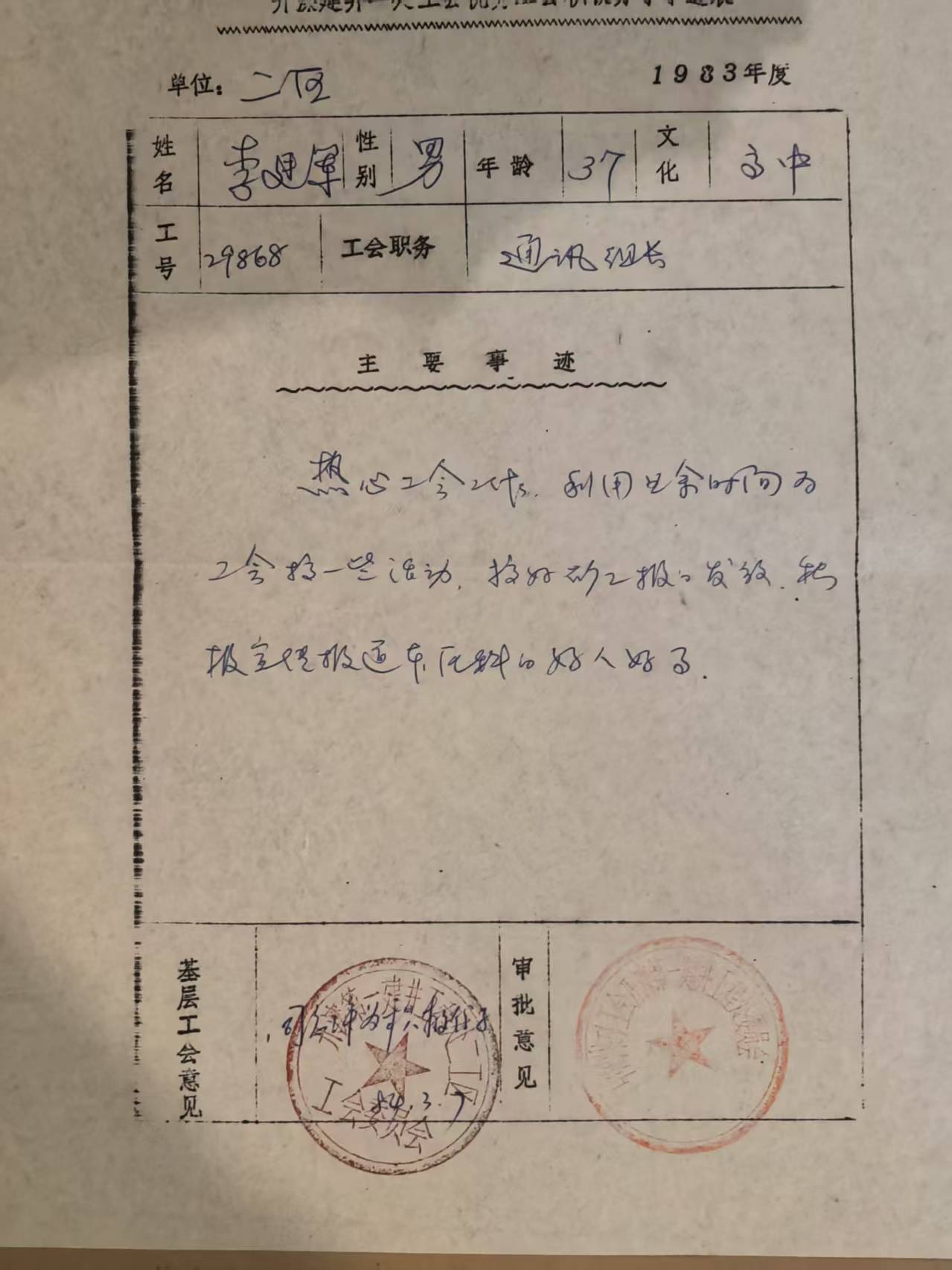 开滦建井一处工会积极分子事迹表