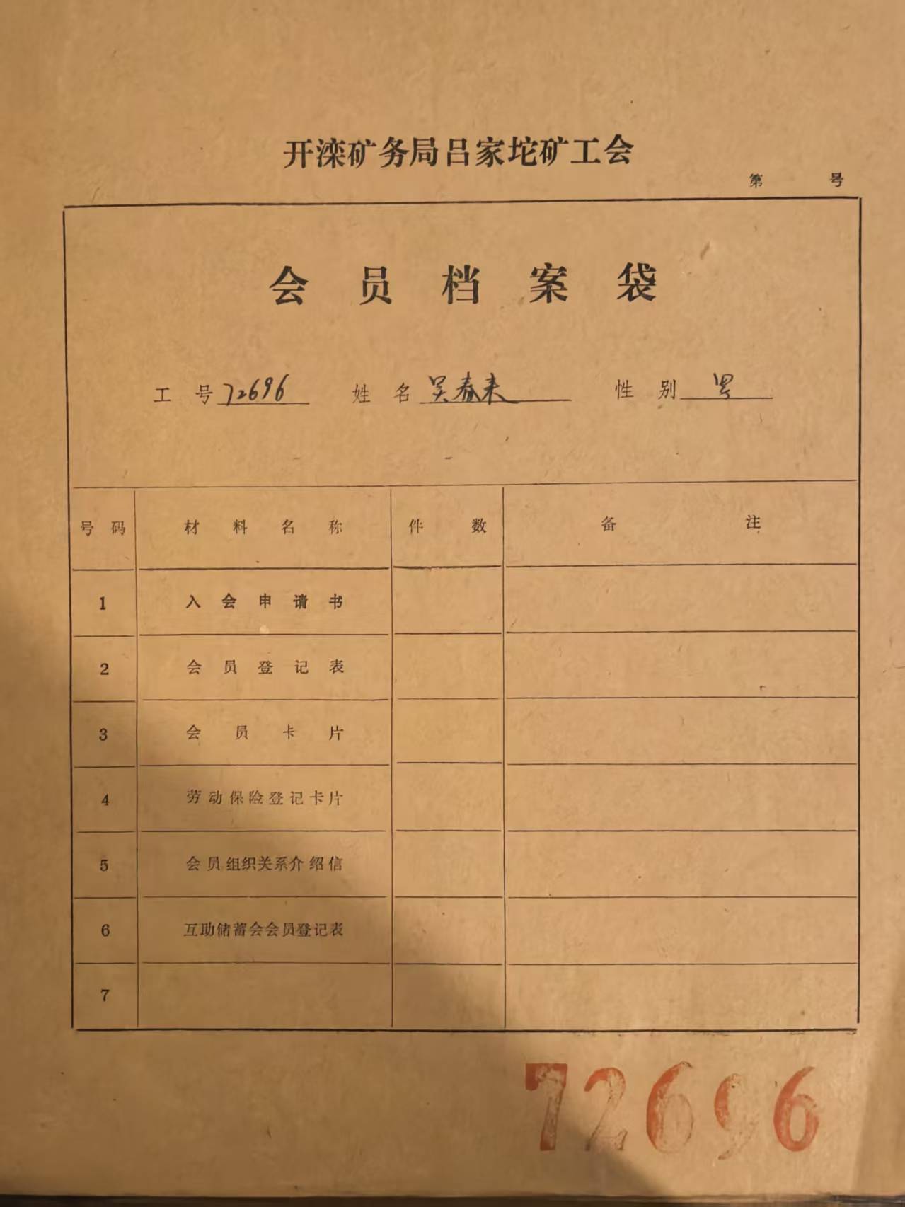 开滦矿务局吕家沱矿工会会员档案袋