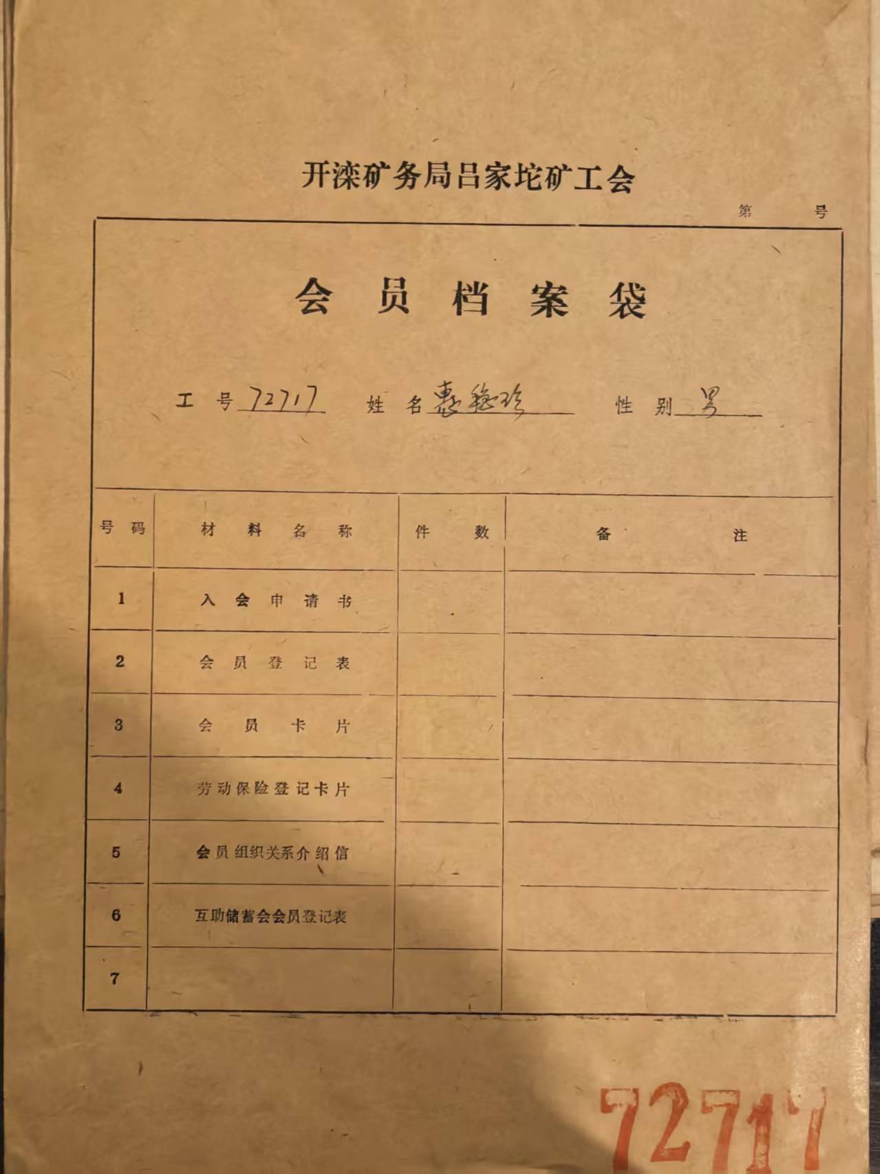 开滦矿务局吕家沱矿工会会员档案袋