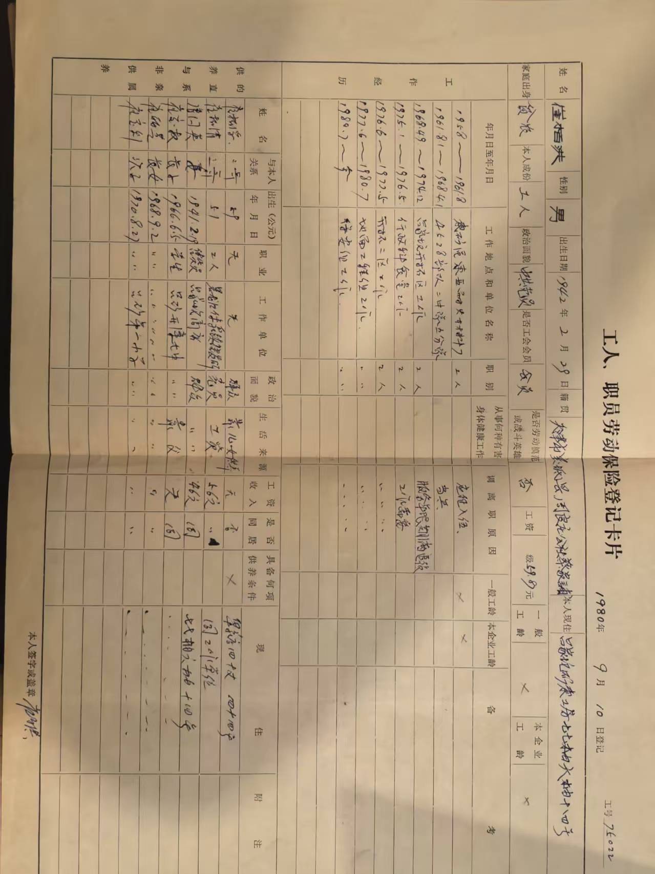 工人职工劳动保险登记卡片