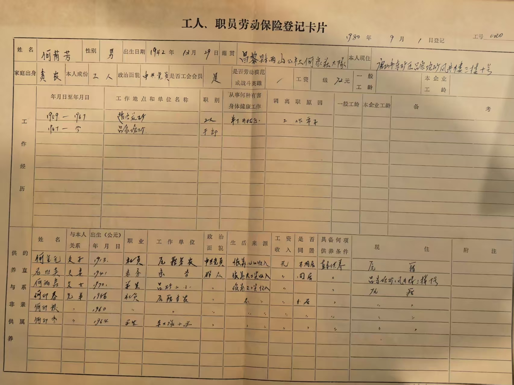 工人职工劳动保险登记卡片
