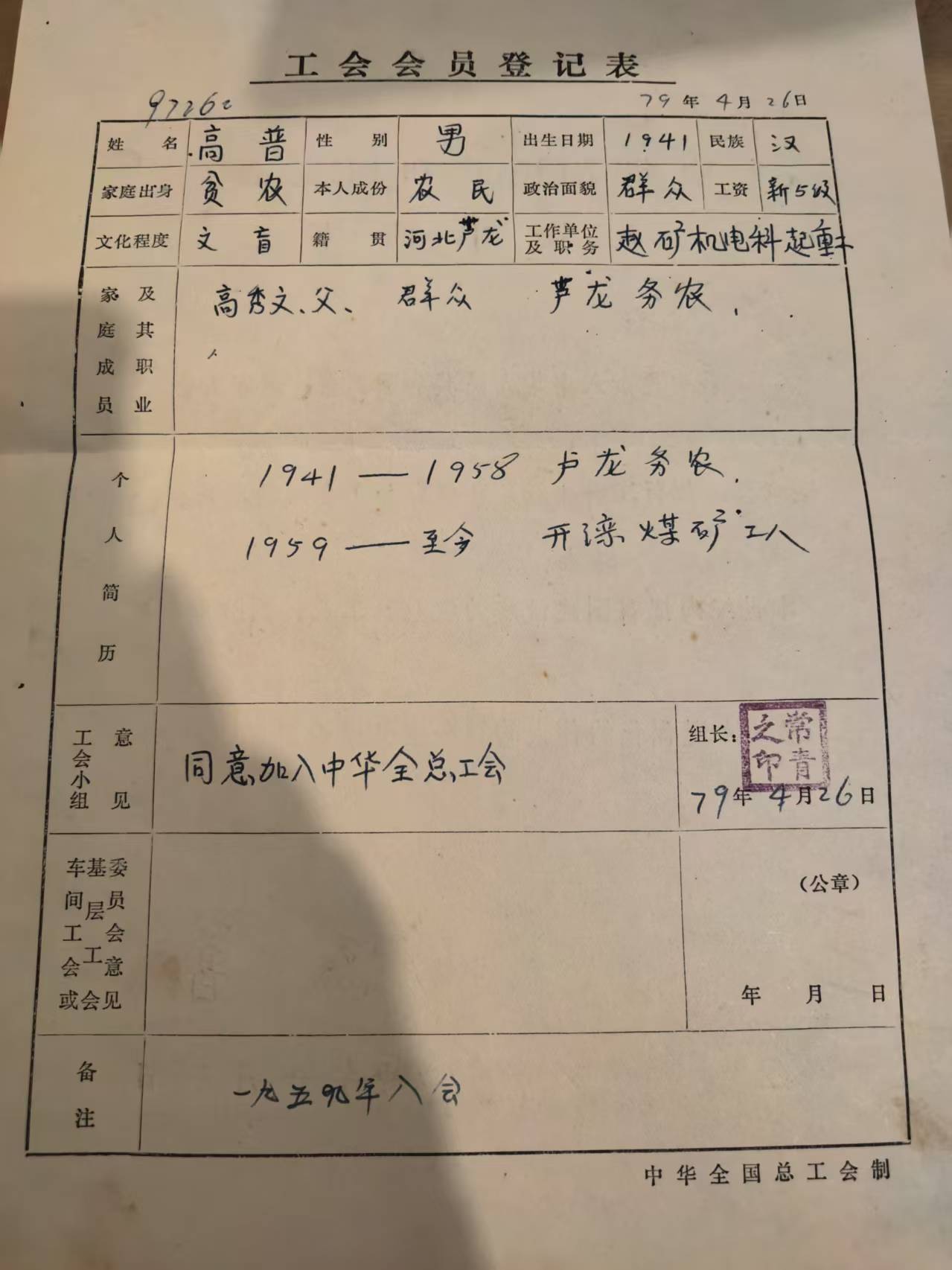 工会会员登记表