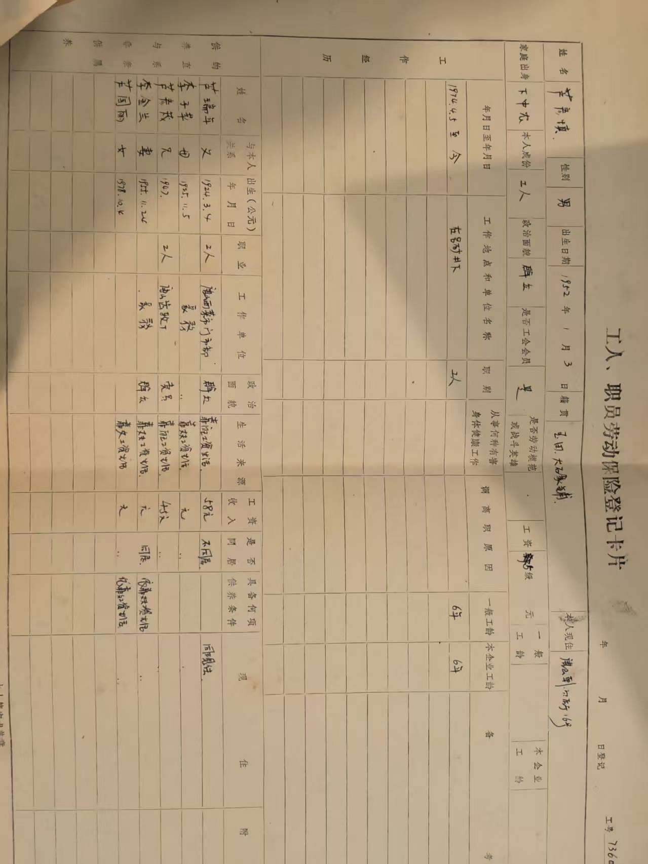 工人职工劳动保险登记卡片