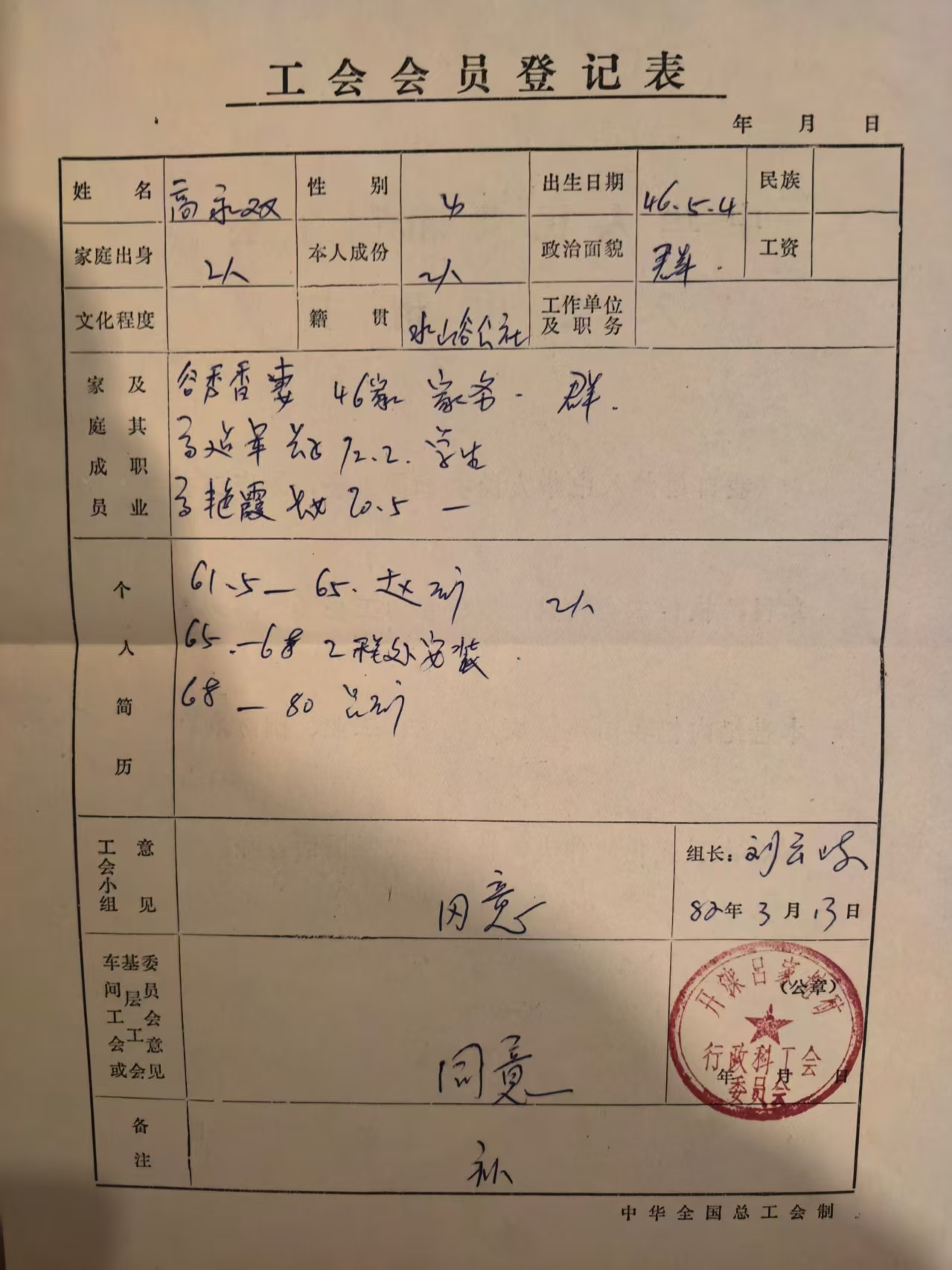 工会会员登记表