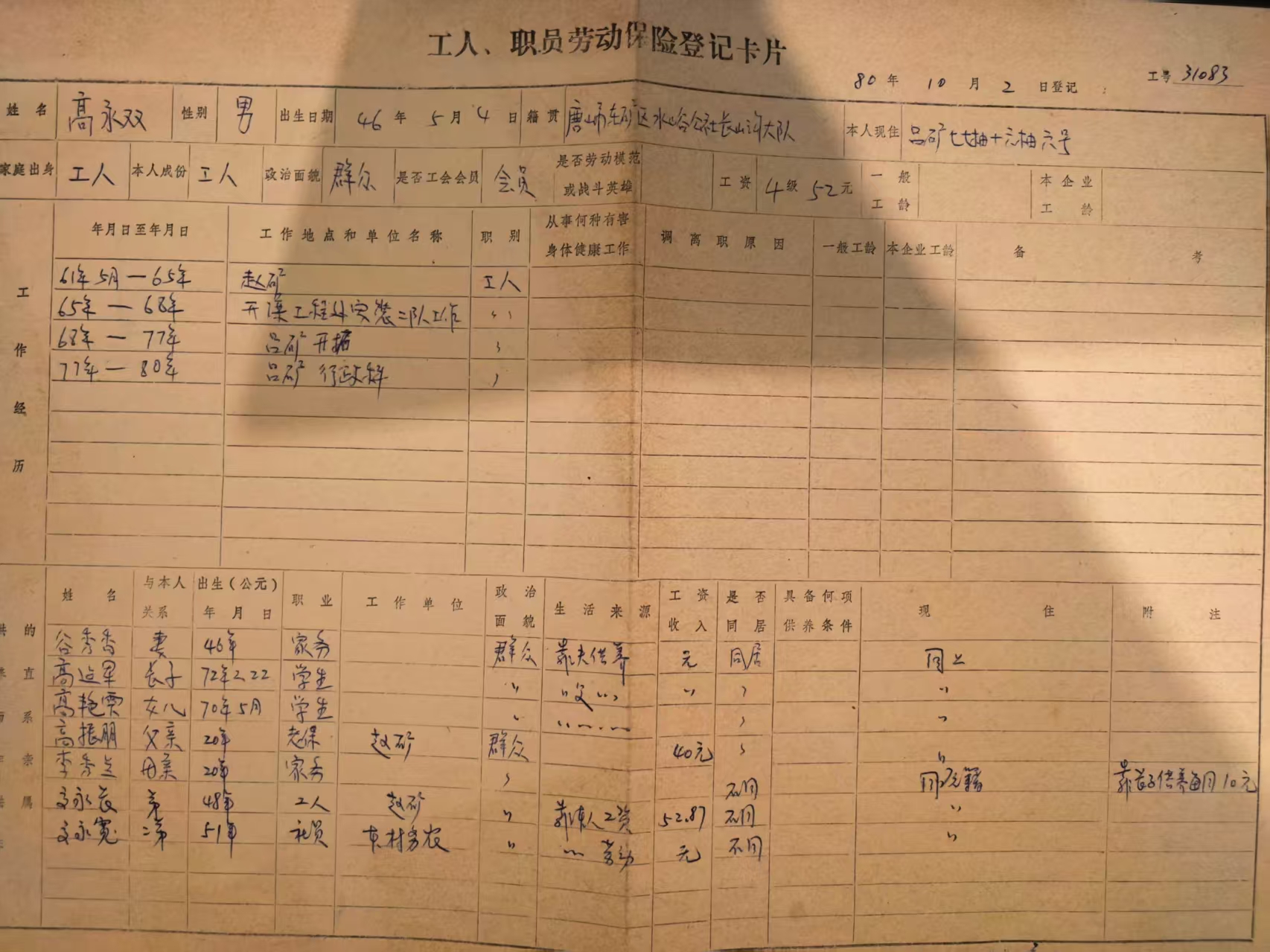 工人职工劳动保险登记卡片