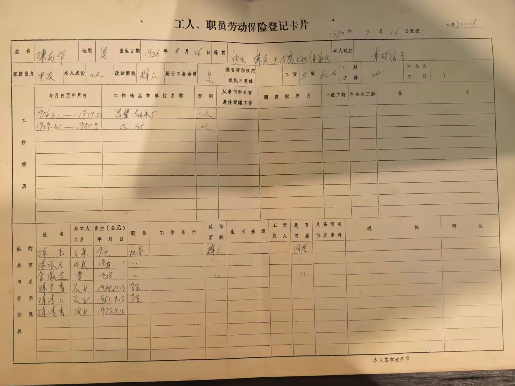 工人职工劳动保险登记卡片