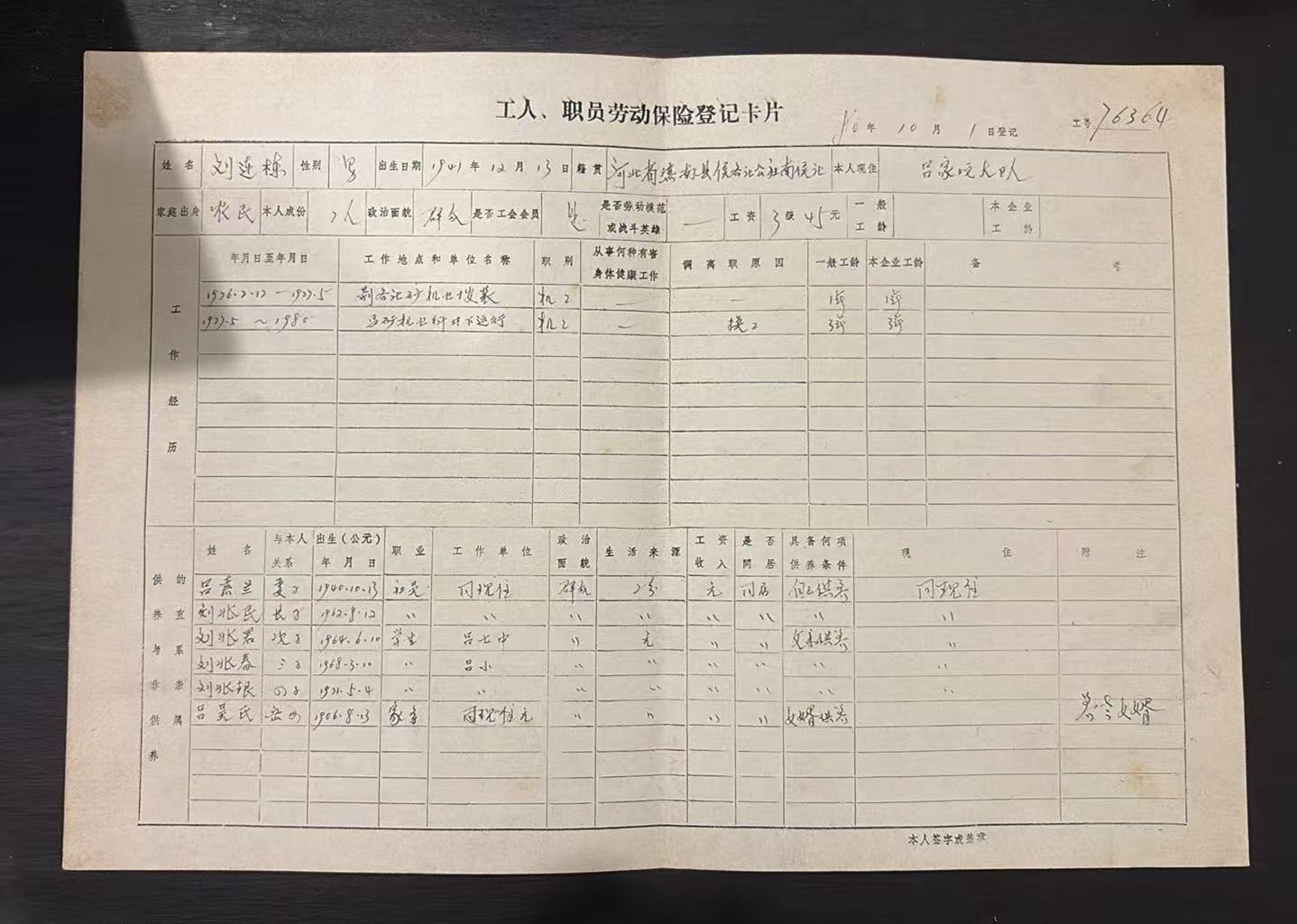 工人、职员劳动保险登记卡片
