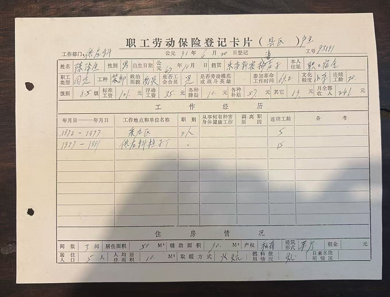 职工劳动保险登记卡片