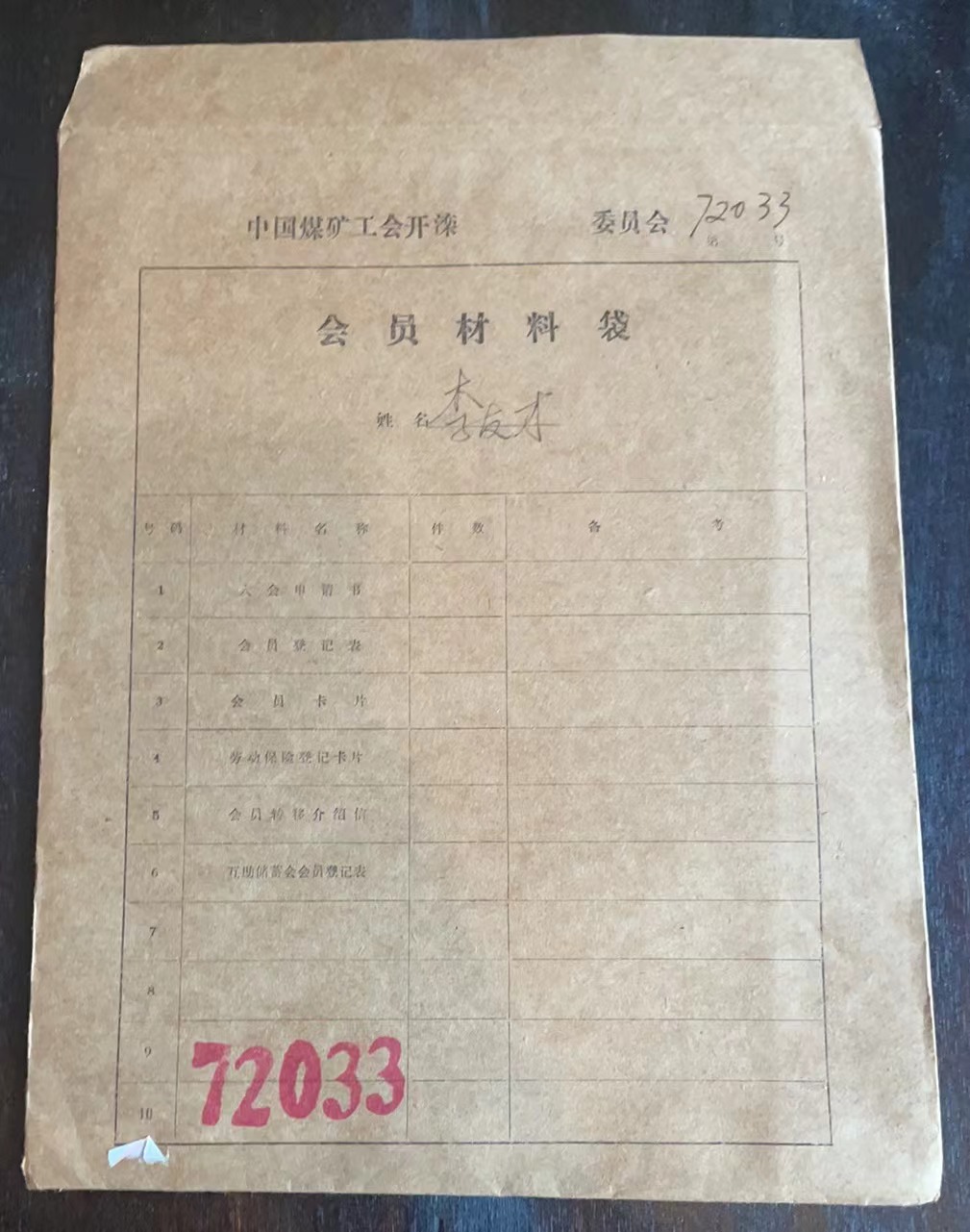 中国煤矿工会开滦委员会会员材料袋