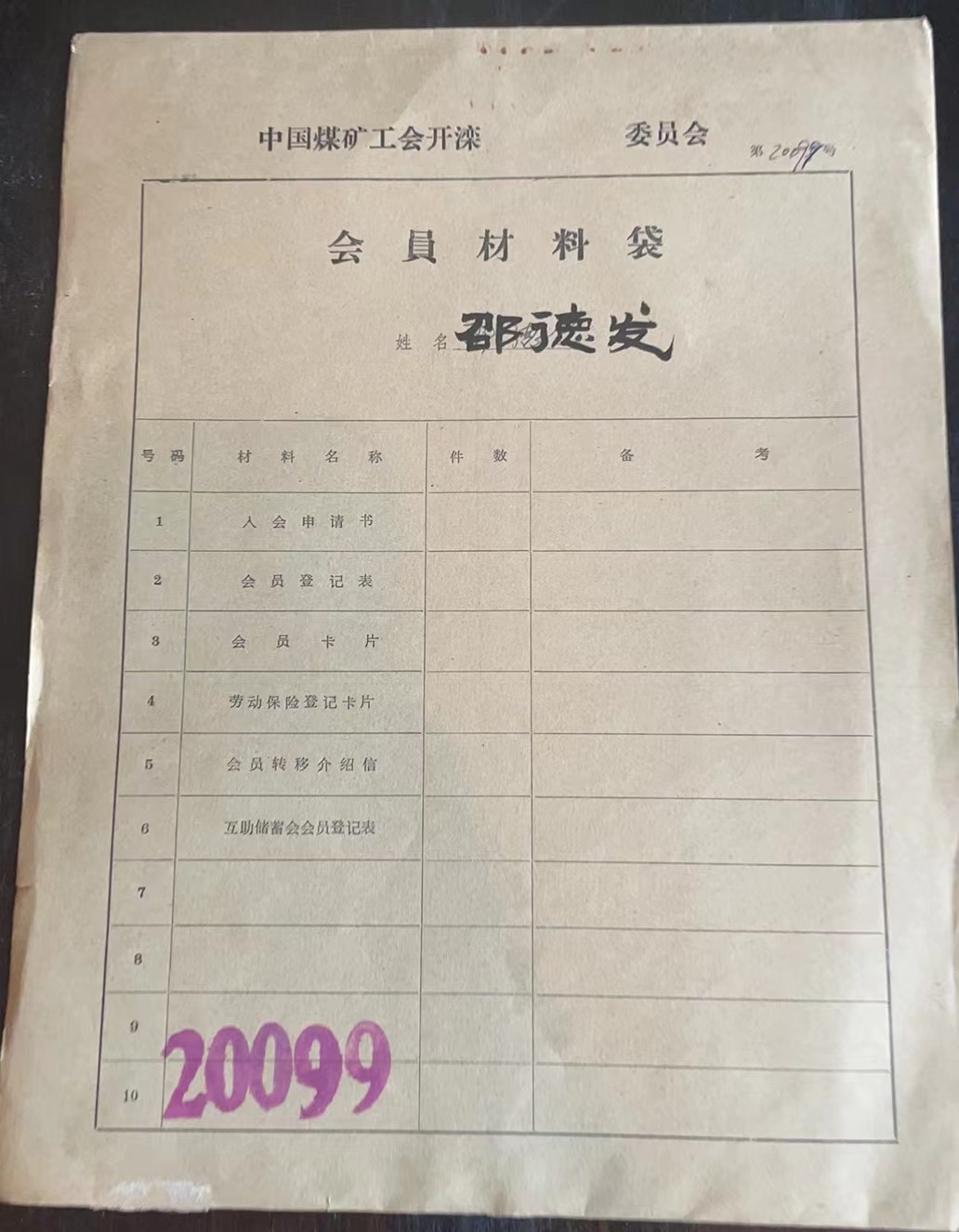 中国煤矿工会开滦委员会会员材料袋